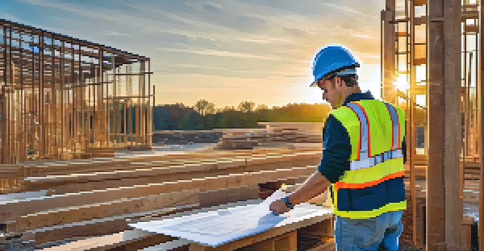 A contractor inspecting blueprints at a construction site during sunset.