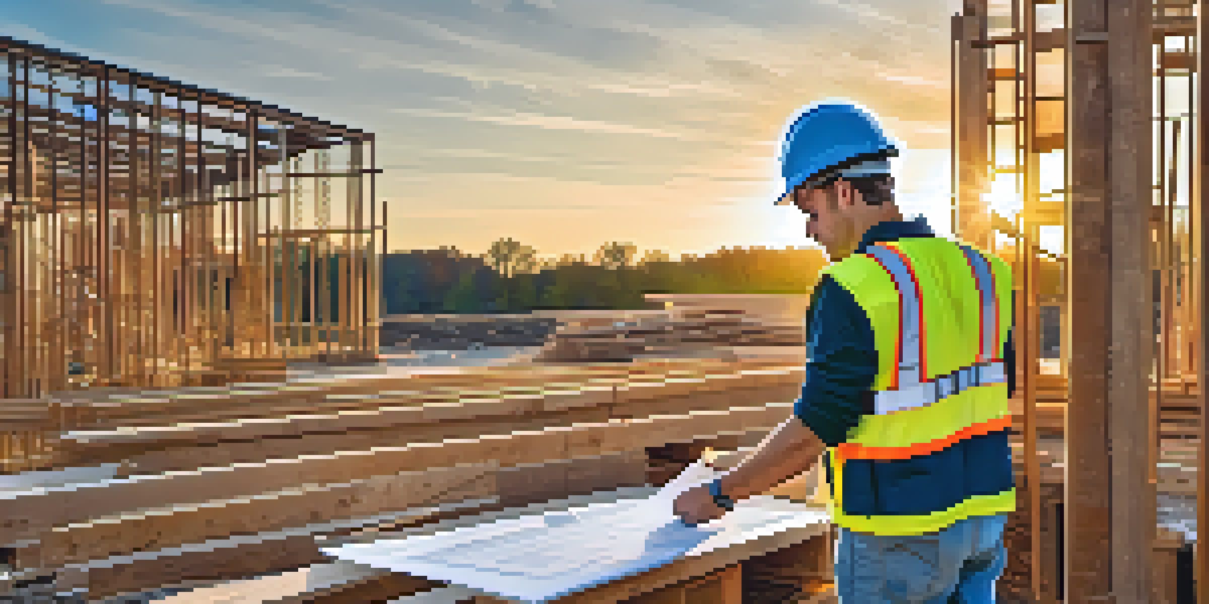 A contractor inspecting blueprints at a construction site during sunset.