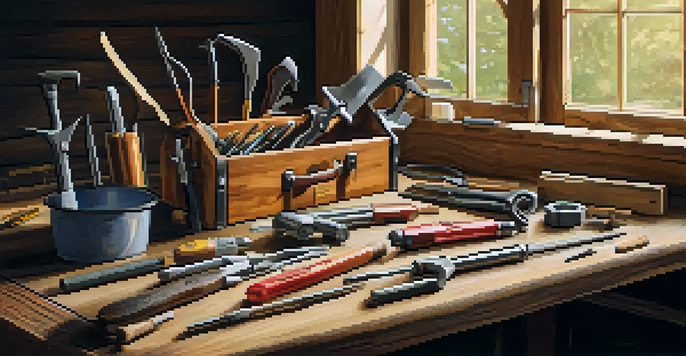 A well-organized home repair kit on a wooden workbench with various hand tools in a toolbox, set in a cozy workshop with soft natural light.