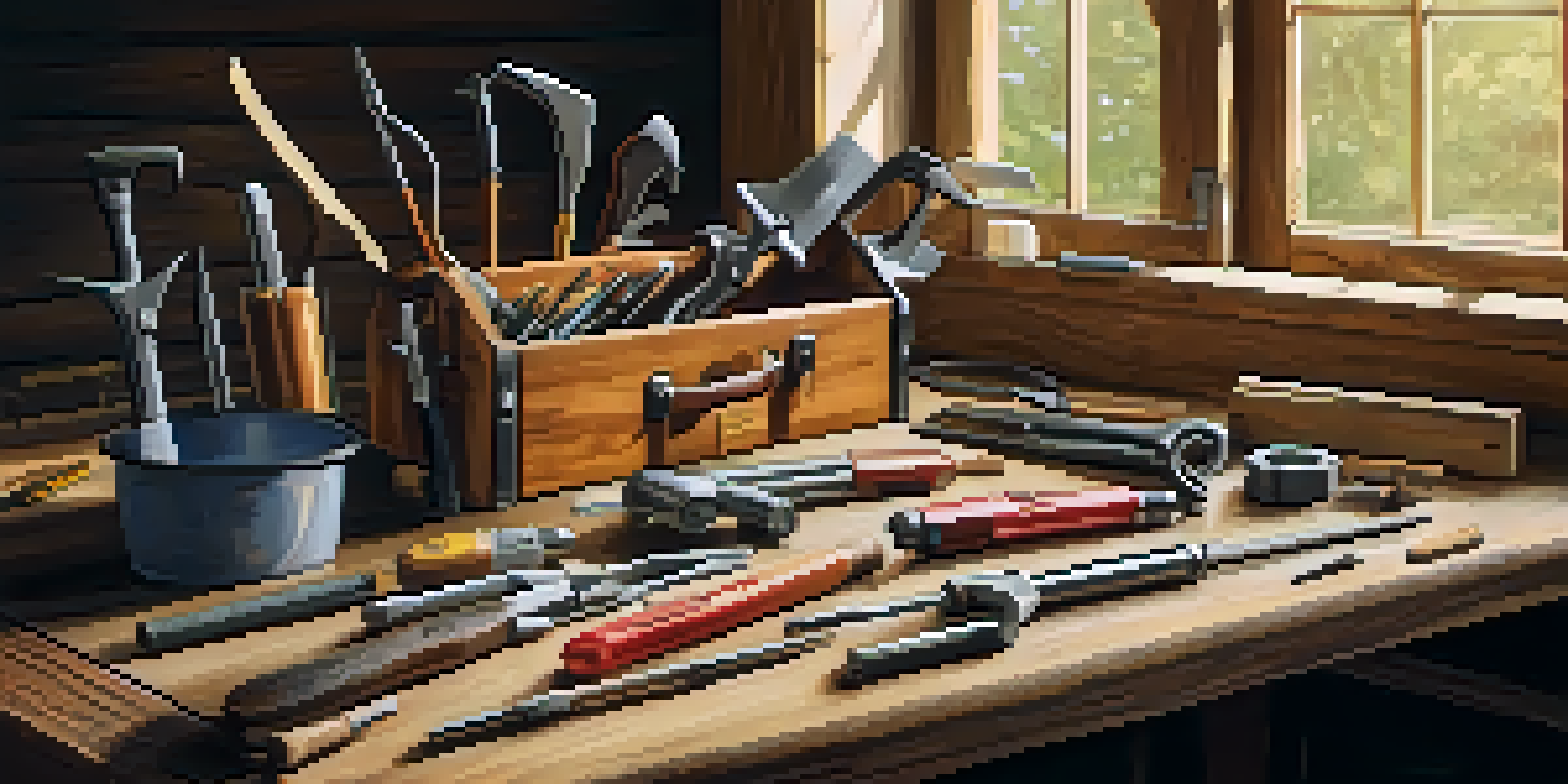 A well-organized home repair kit on a wooden workbench with various hand tools in a toolbox, set in a cozy workshop with soft natural light.