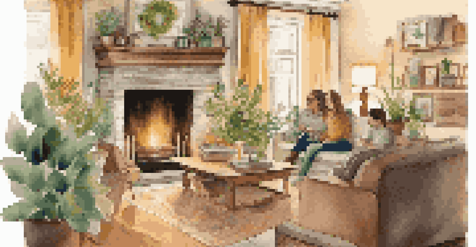 A cozy living room with a family by the fireplace, featuring insulated curtains and eco-friendly decor.