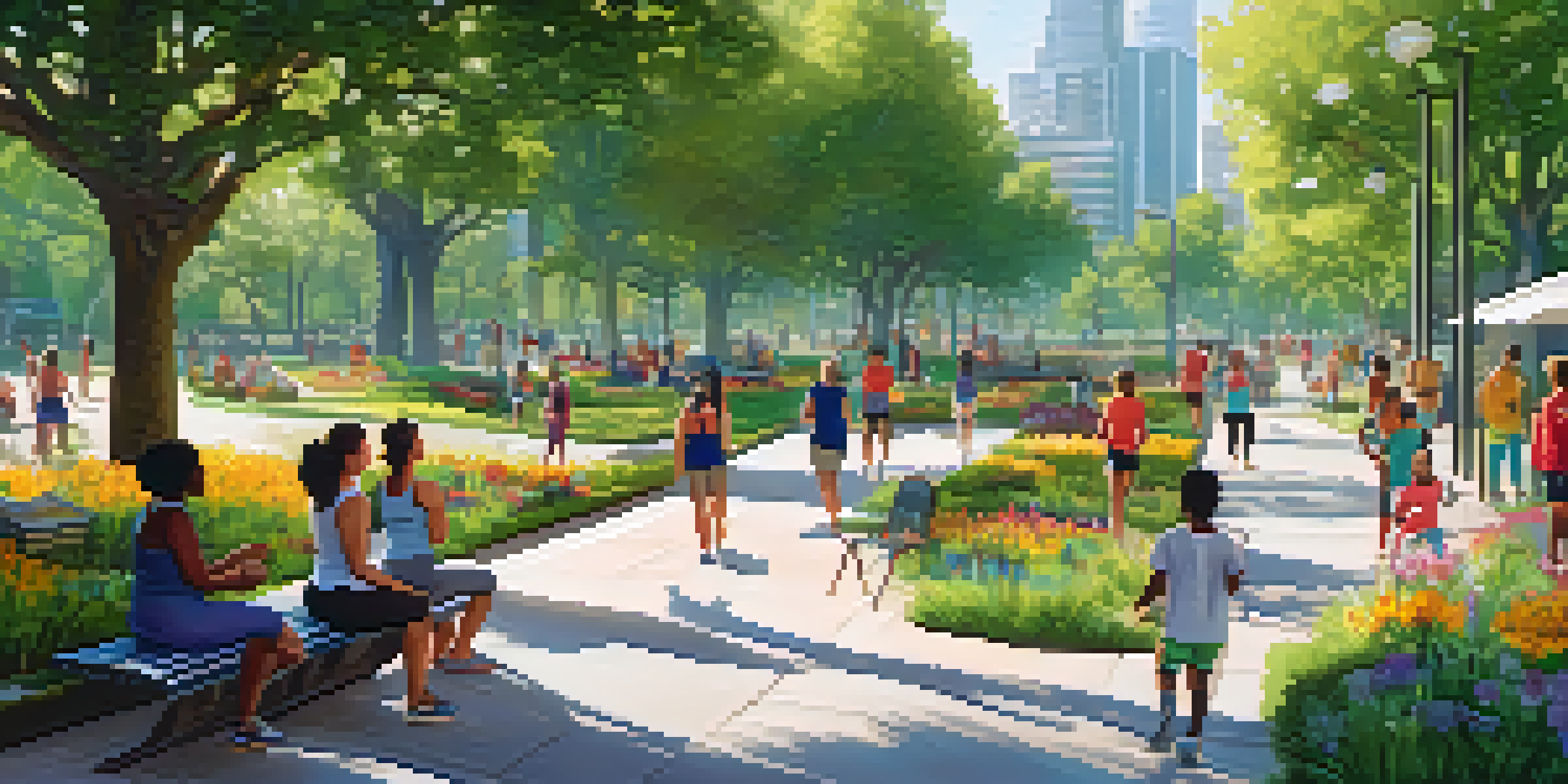 A lively urban park filled with people exercising, relaxing, and enjoying nature, surrounded by modern buildings and greenery.