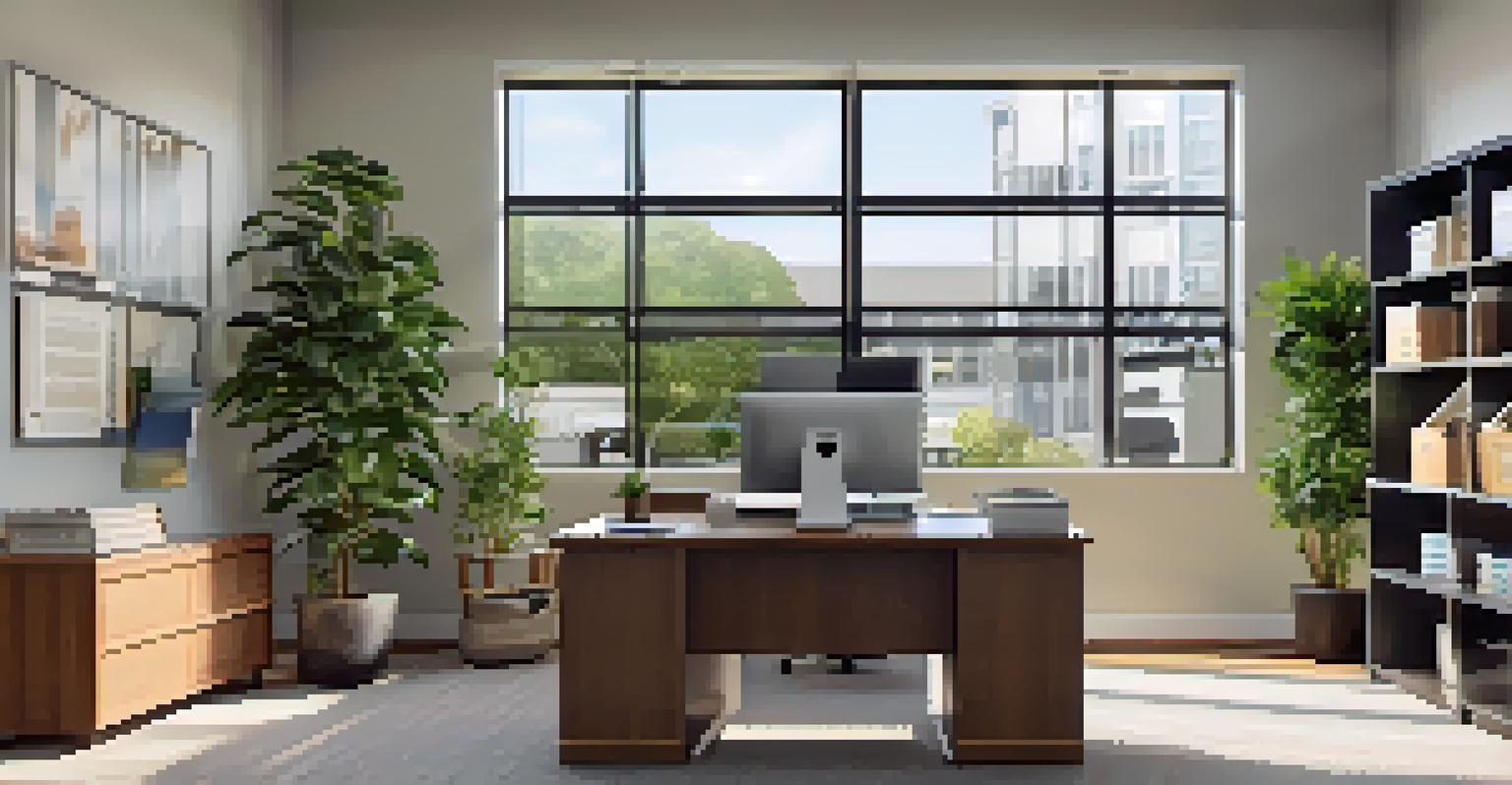 A modern property management office with a desk, computer, and rental brochures, illuminated by natural light from large windows.