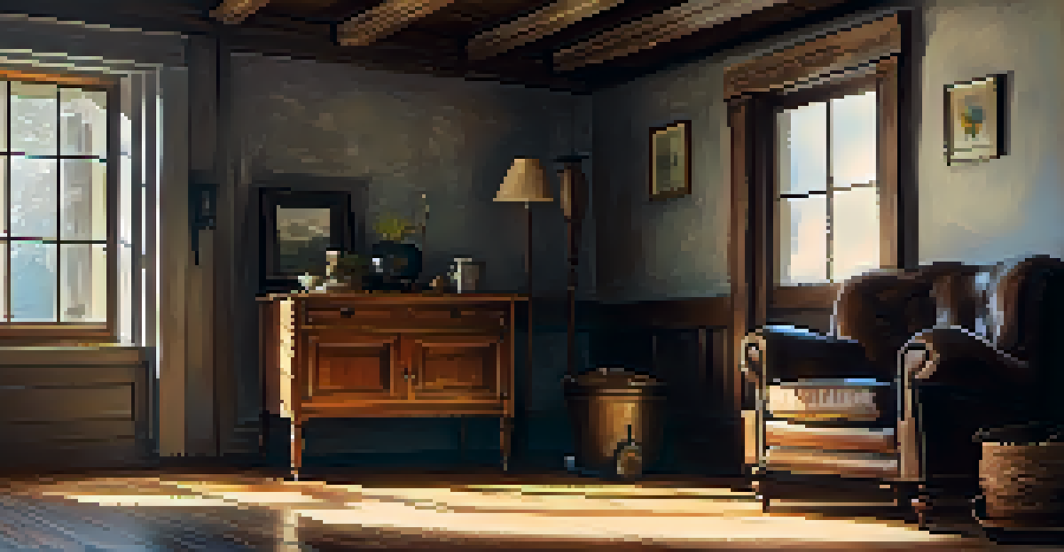 Cozy interior of a historic home restoration with reclaimed wood beams, antique fixtures, and soft light filtering through a window.