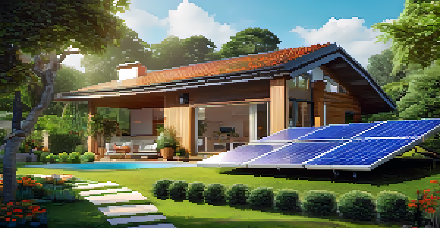 A house with solar panels surrounded by a garden, featuring a smart energy management display showing energy data.