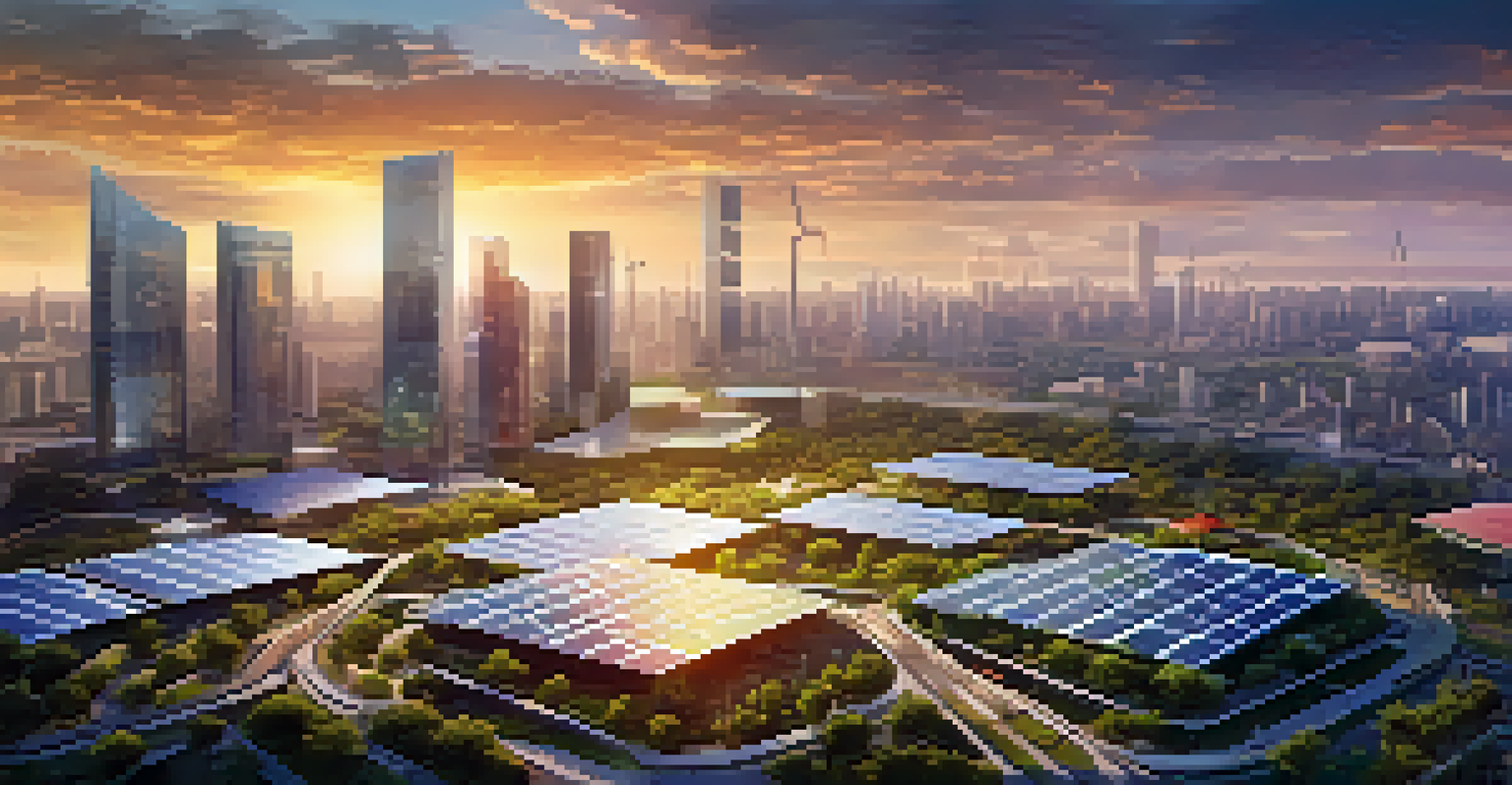 Aerial view of a smart city with solar panels, green parks, and public transport, illuminated by a sunset, with data flow graphics depicting connectivity.