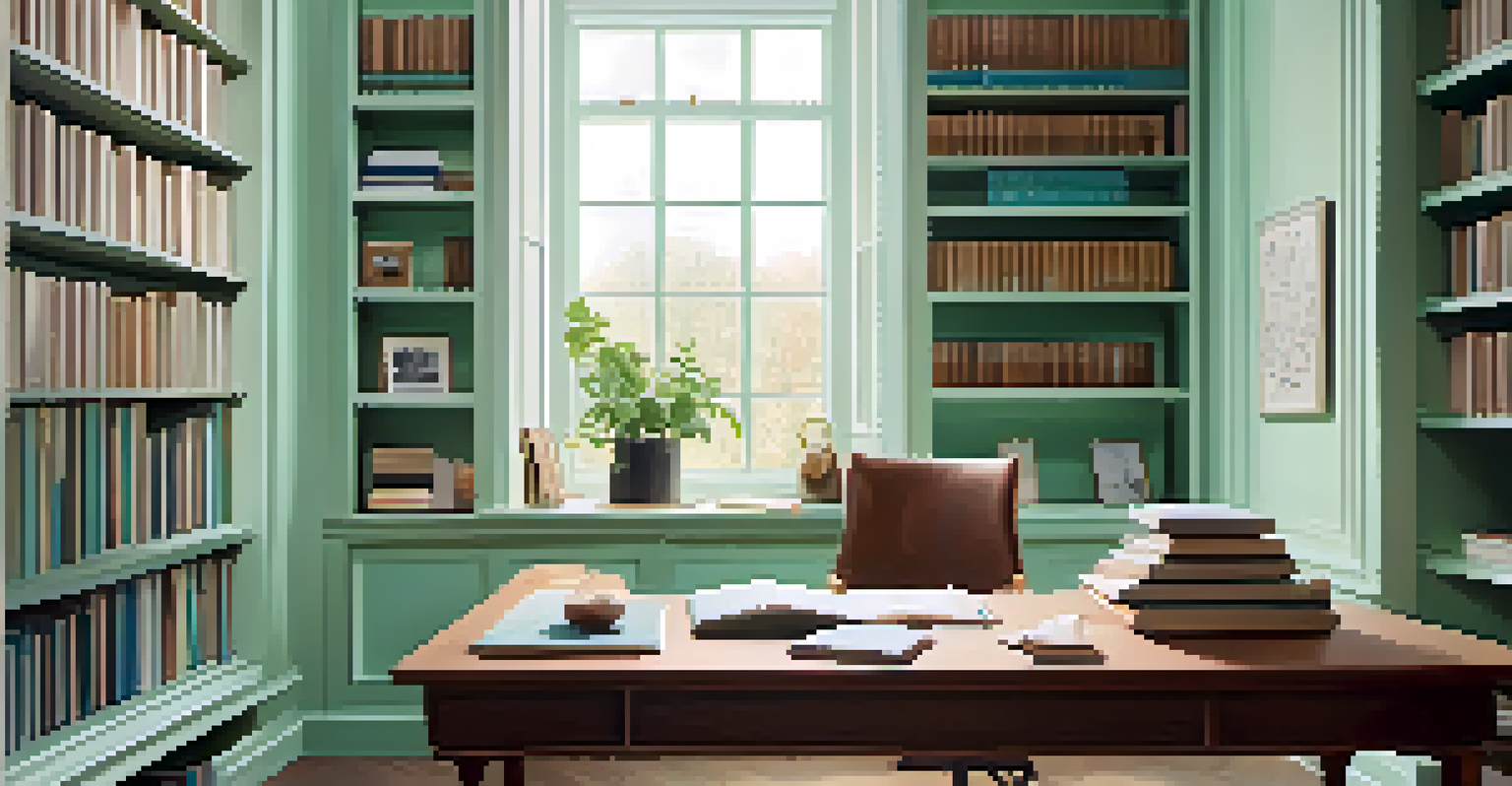 A study room painted in soft mint green with a minimalist desk and bookshelves, illuminated by natural light from a large window.