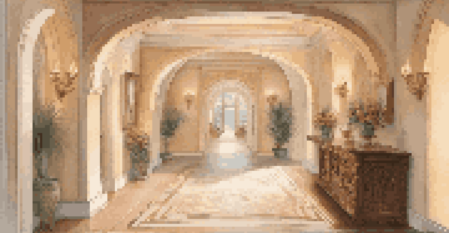 An elegant hallway with carved archways and recessed lighting, highlighting intricate designs and decorated with a console table and flowers.