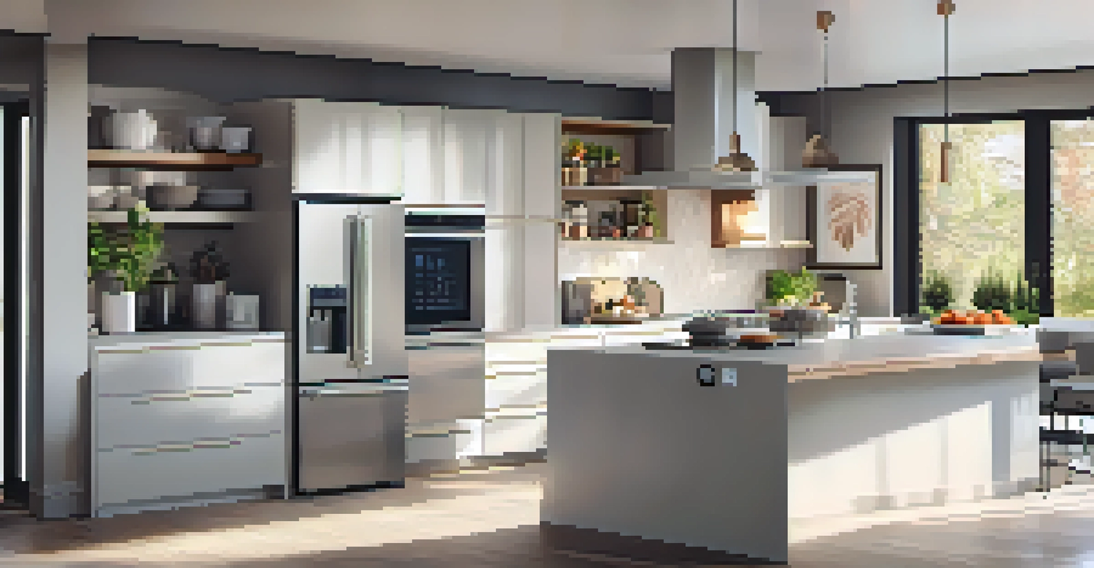 A contemporary kitchen featuring smart appliances with digital screens, illuminated by natural light from large windows.