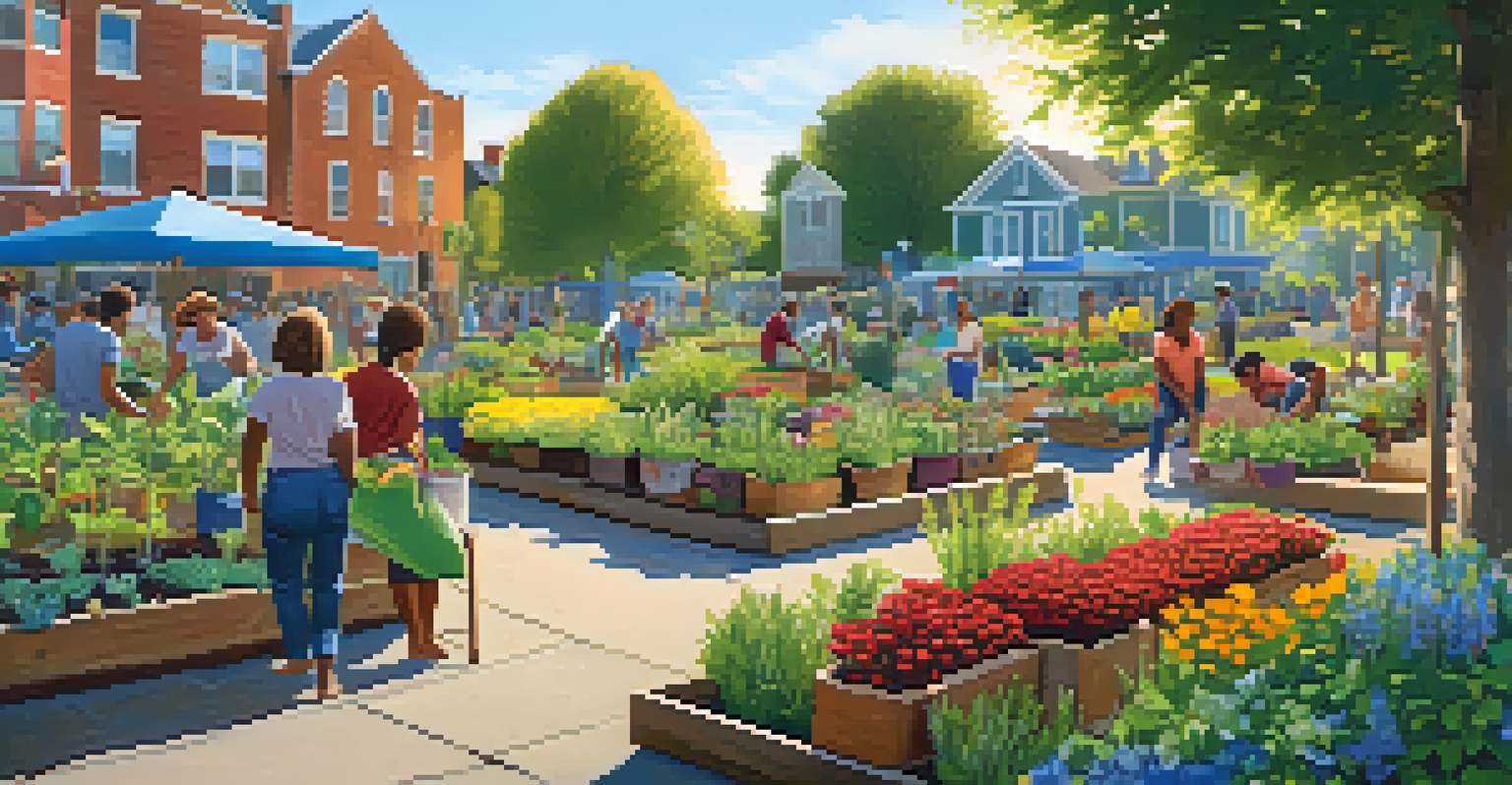 A community garden with diverse people planting and caring for vegetables and herbs, under a clear blue sky and warm sunlight.