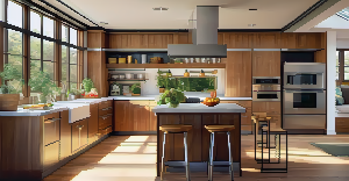 A bright and inviting kitchen with stainless steel appliances and a large island filled with fruits and flowers.