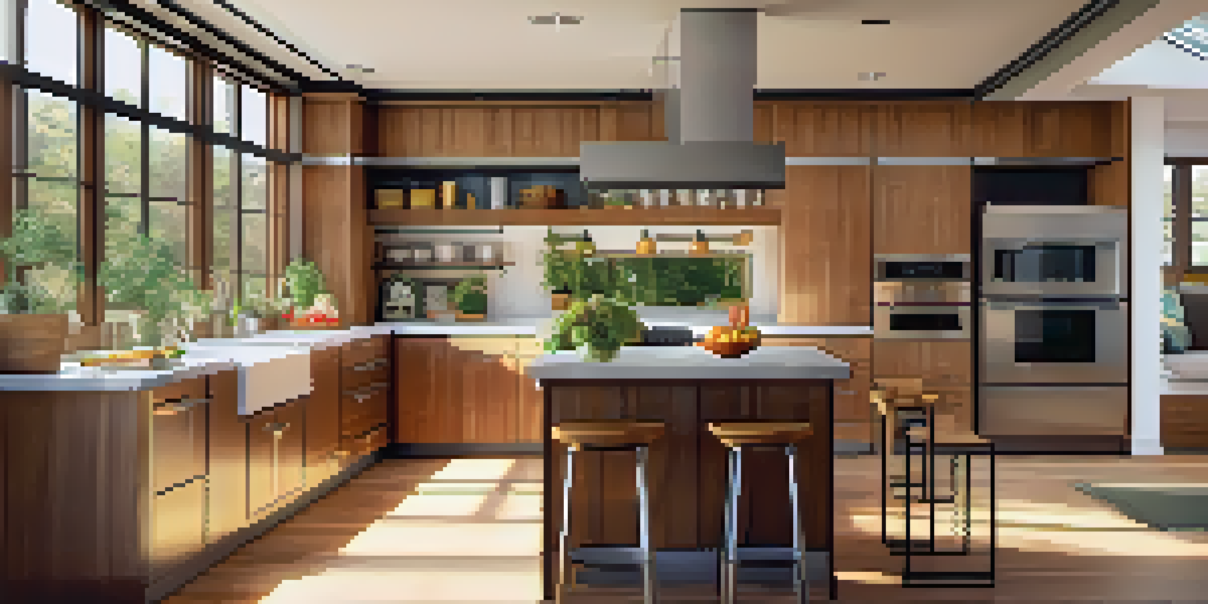 A bright and inviting kitchen with stainless steel appliances and a large island filled with fruits and flowers.