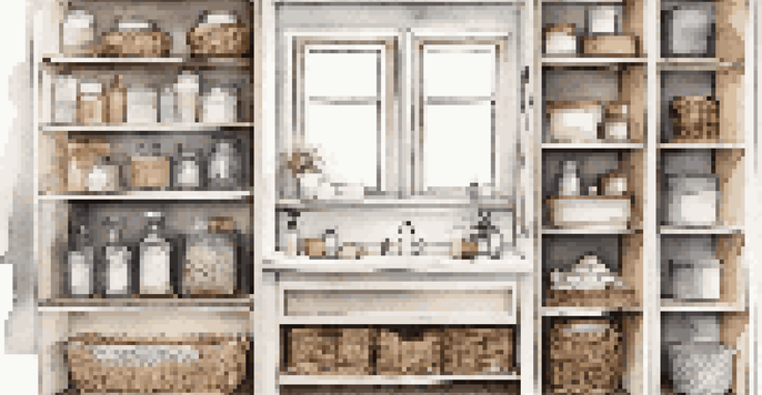 A bathroom storage area with built-in shelves filled with decorative baskets and containers.