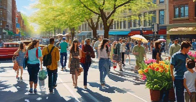 A lively city street in spring, filled with people enjoying outdoor activities and blooming flowers.