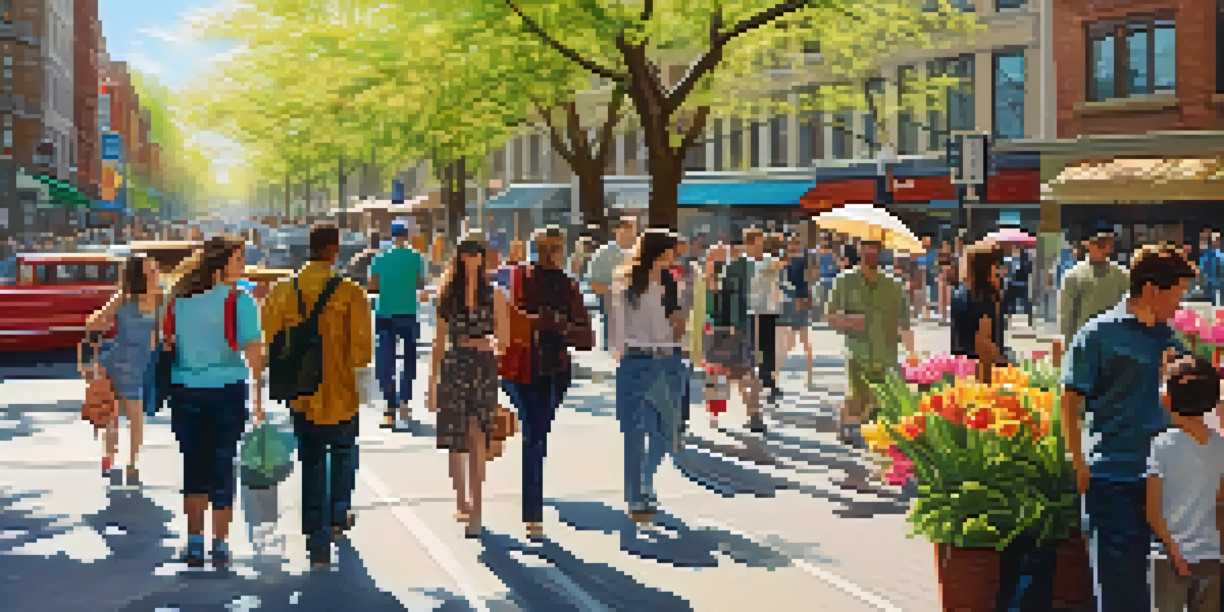 A lively city street in spring, filled with people enjoying outdoor activities and blooming flowers.