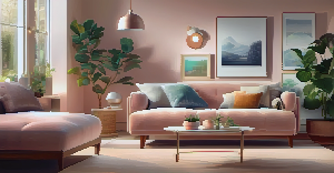 A cozy living room with smart home devices like a speaker and thermostat, warm lighting, and a plush sofa.