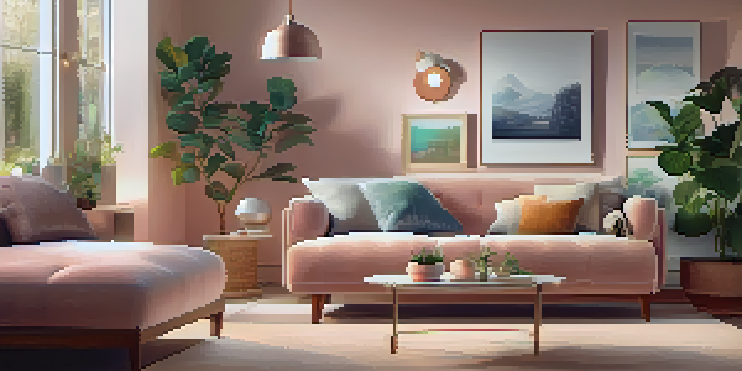 A cozy living room with smart home devices like a speaker and thermostat, warm lighting, and a plush sofa.