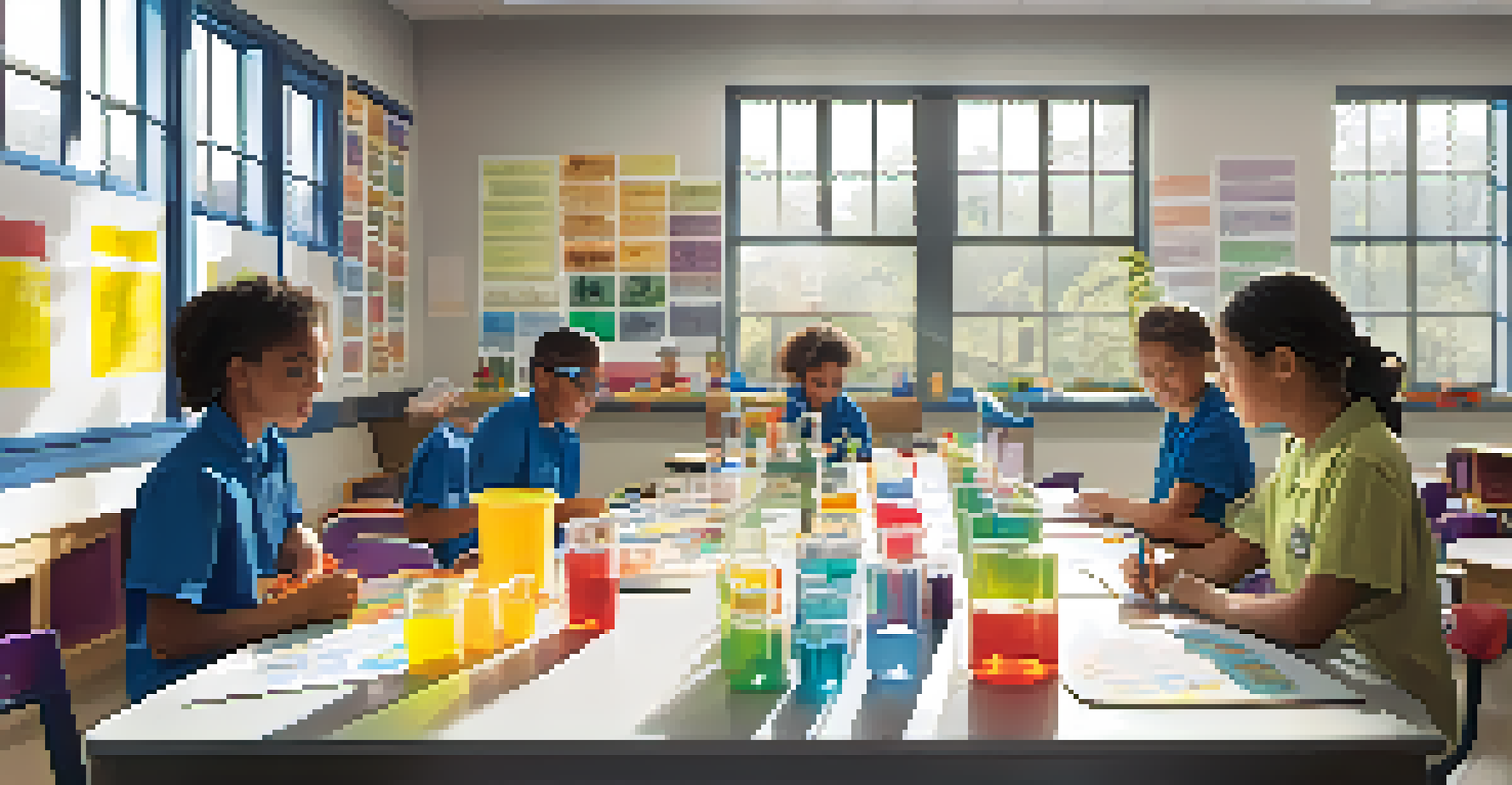 A classroom filled with diverse students engaged in a science experiment with a teacher guiding them.