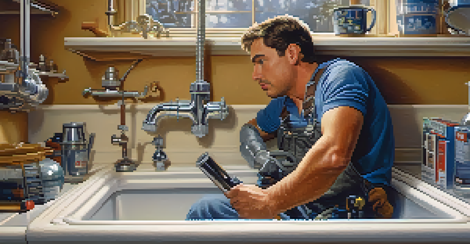 A plumber inspecting pipes under a kitchen sink, surrounded by tools, with warm lighting creating a cozy atmosphere.