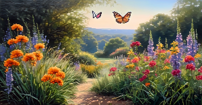A colorful garden with blooming native flowers and butterflies flying around, illuminated by soft morning light.