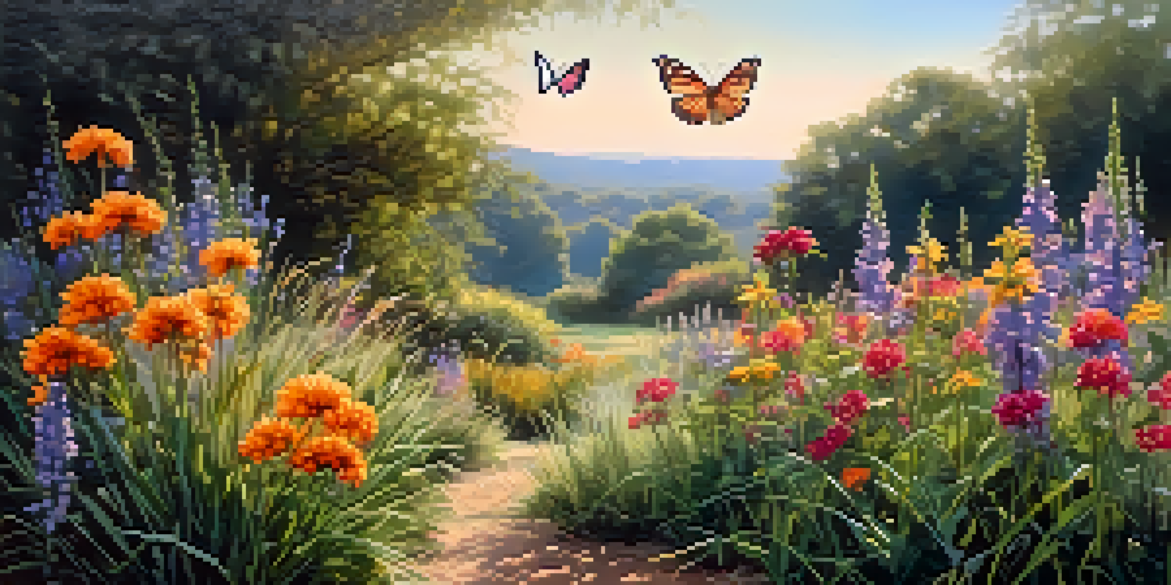 A colorful garden with blooming native flowers and butterflies flying around, illuminated by soft morning light.