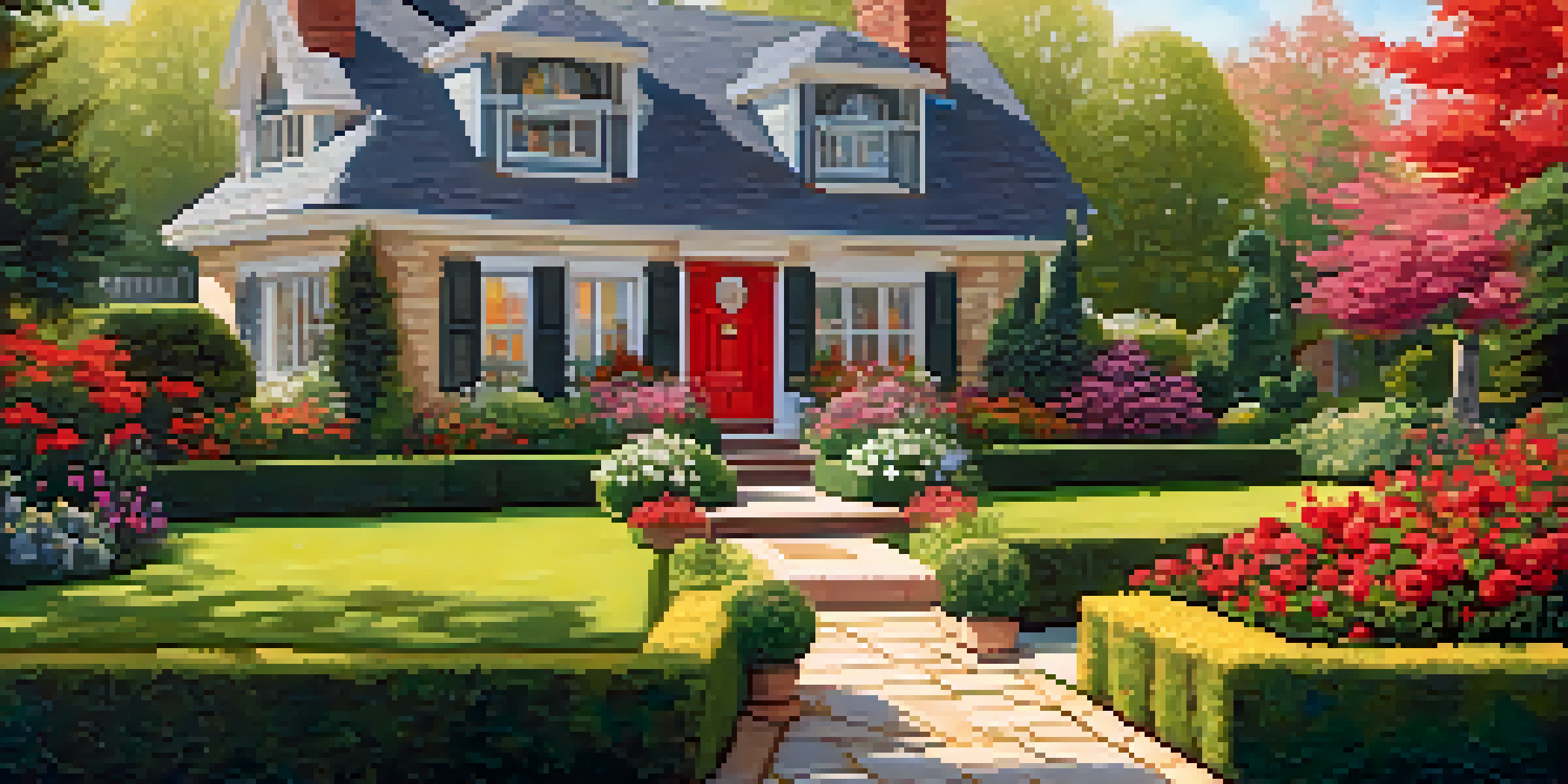 A colorful front yard with flowers, hedges, and a red front door, illuminated by warm sunlight.