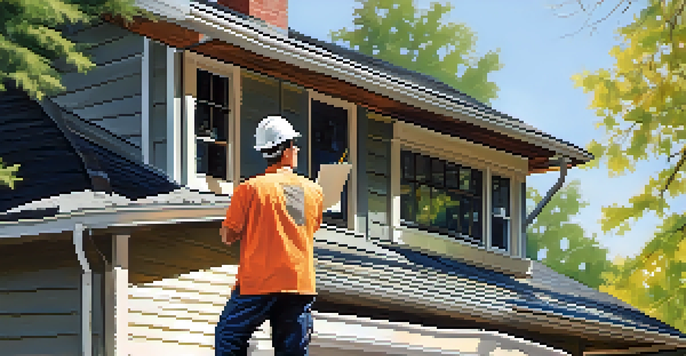 An inspector examining a roof with tools and a notepad under bright sunlight, surrounded by trees.