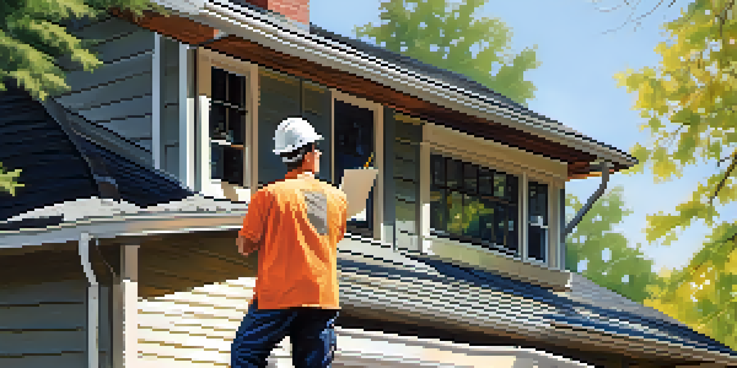 An inspector examining a roof with tools and a notepad under bright sunlight, surrounded by trees.