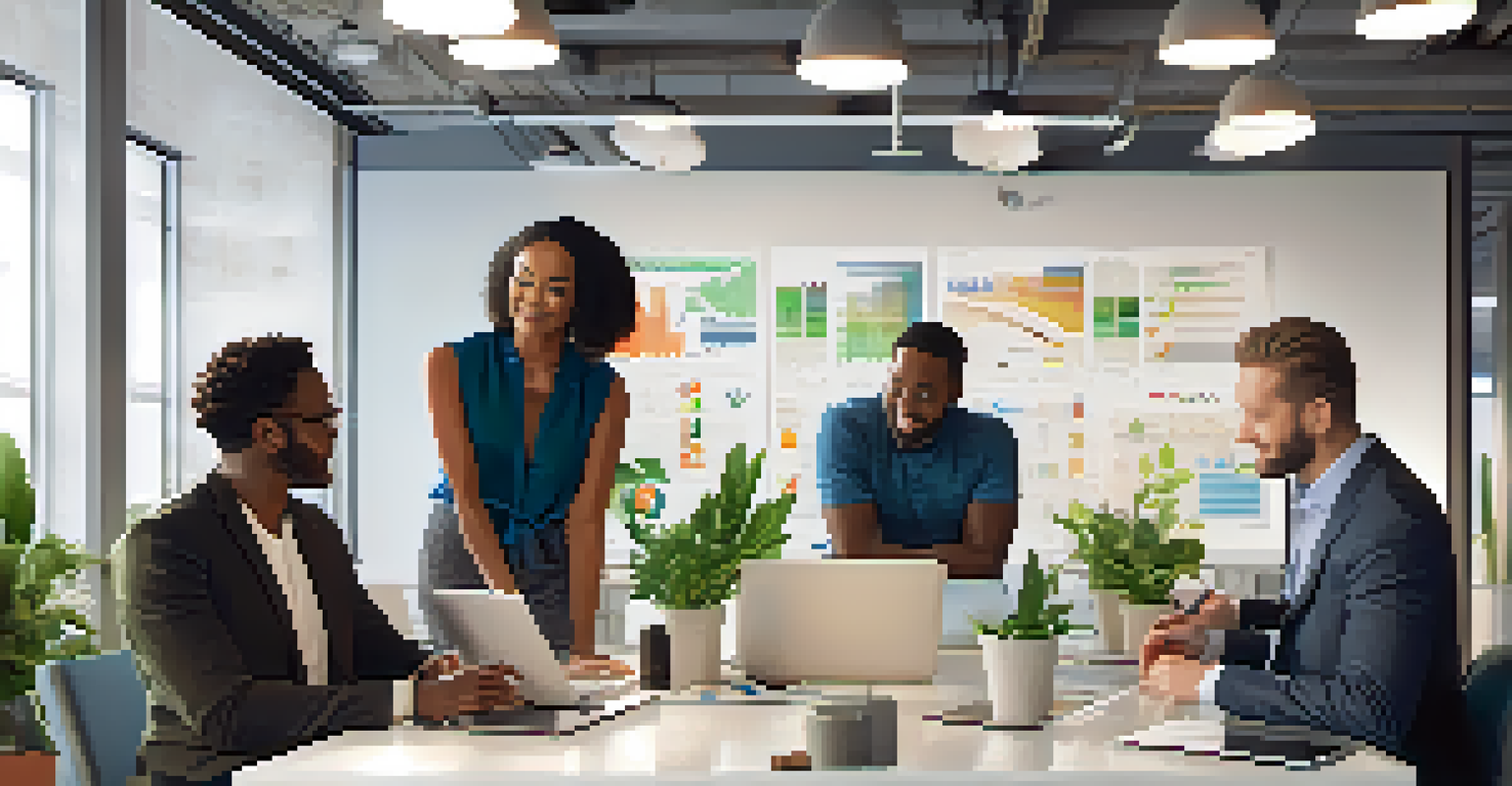 Diverse group of investors discussing plans over blueprints in a bright office space filled with plants.