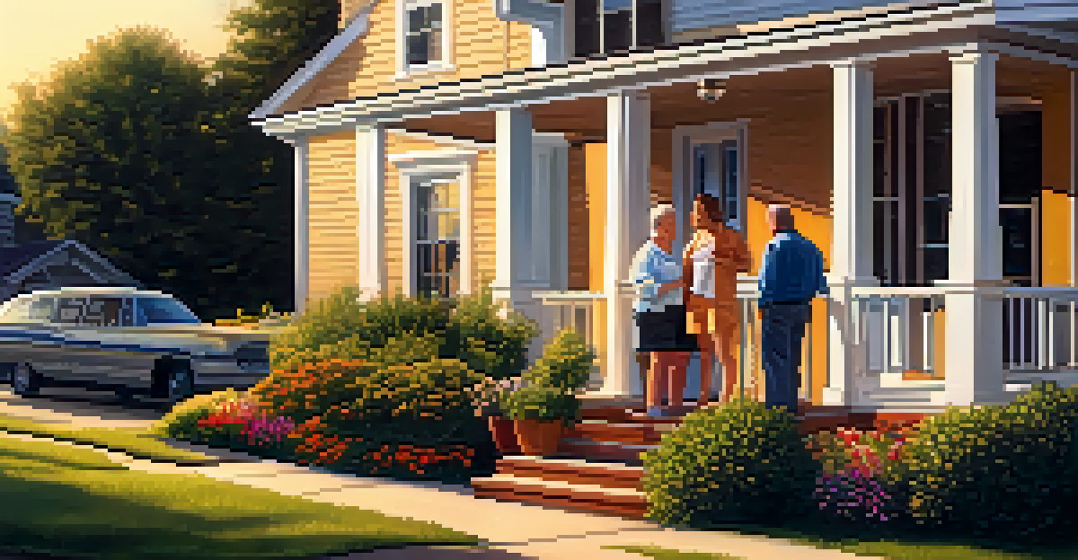 A homeowner and neighbors having a friendly discussion about renovation plans on a porch during sunset.