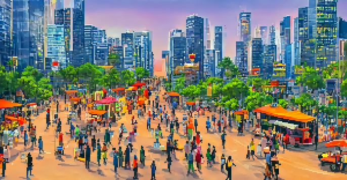 A lively urban street filled with people during sunset, with modern skyscrapers and street vendors.