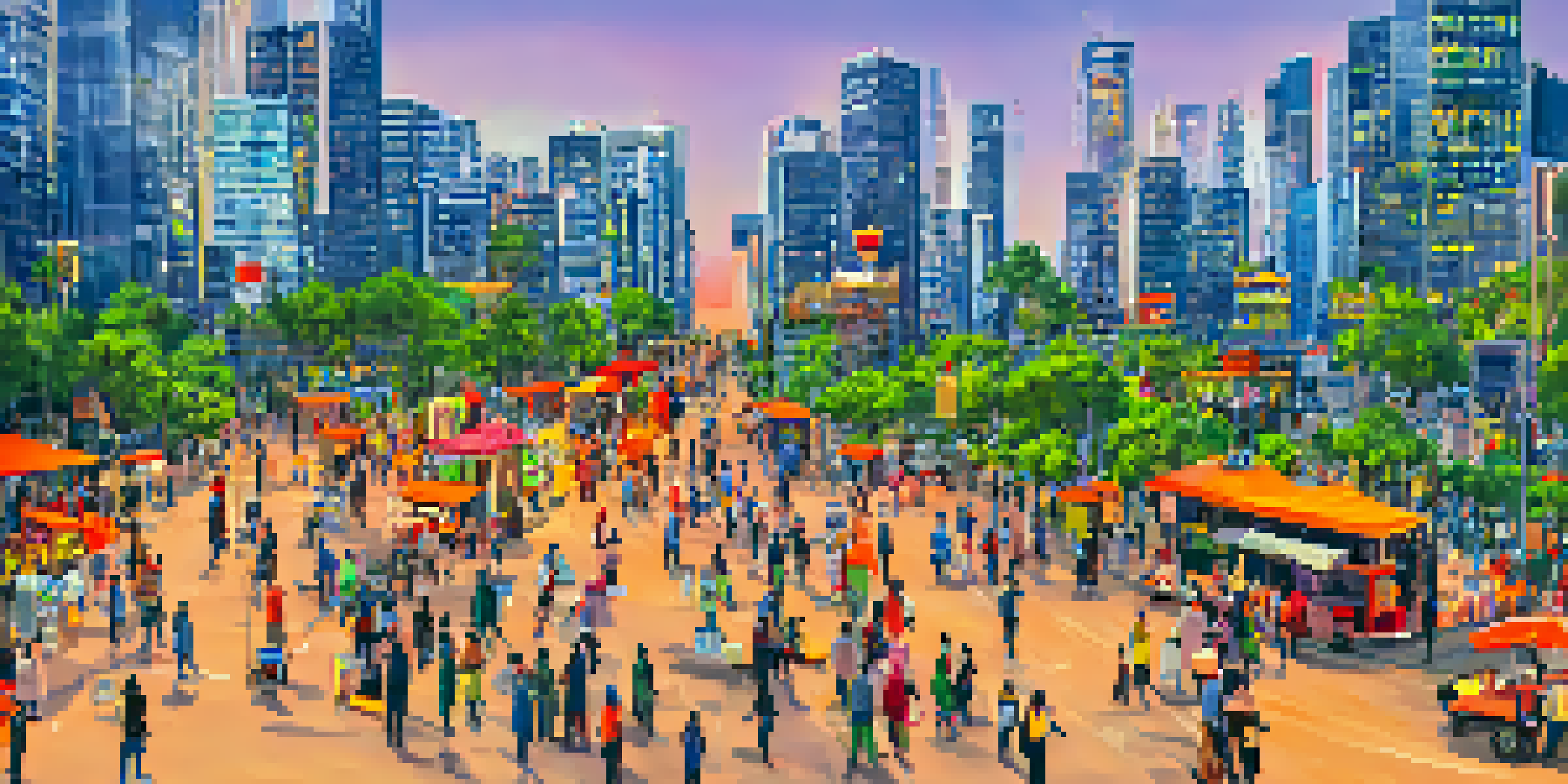 A lively urban street filled with people during sunset, with modern skyscrapers and street vendors.