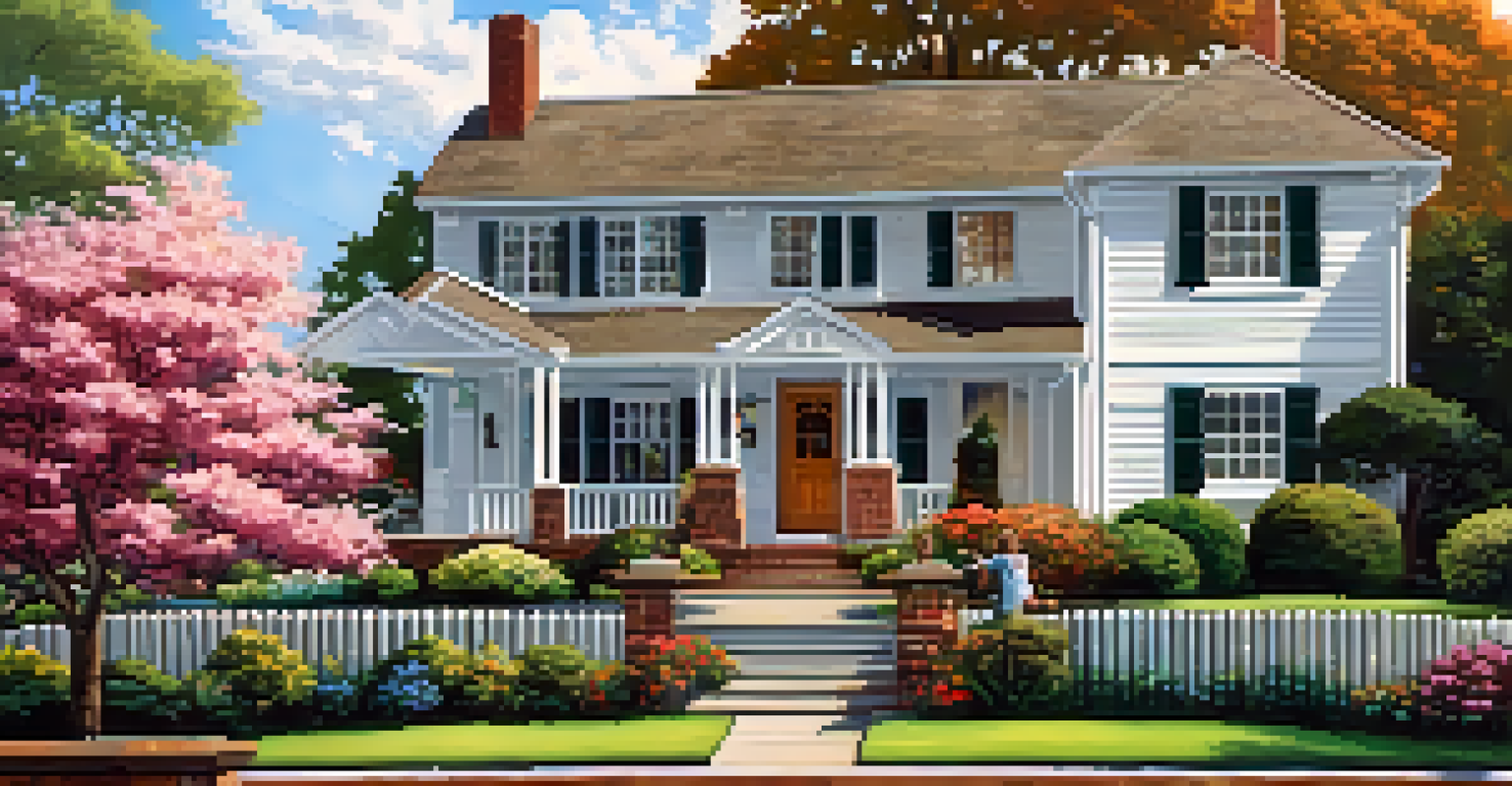 A charming suburban house with a 'For Sale' sign in the front yard, set against a clear blue sky and a couple discussing the property.