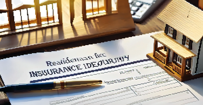 A close-up image of a residential property insurance document on a wooden desk, with a calculator, pen, and house figurine, illuminated by soft natural lighting.