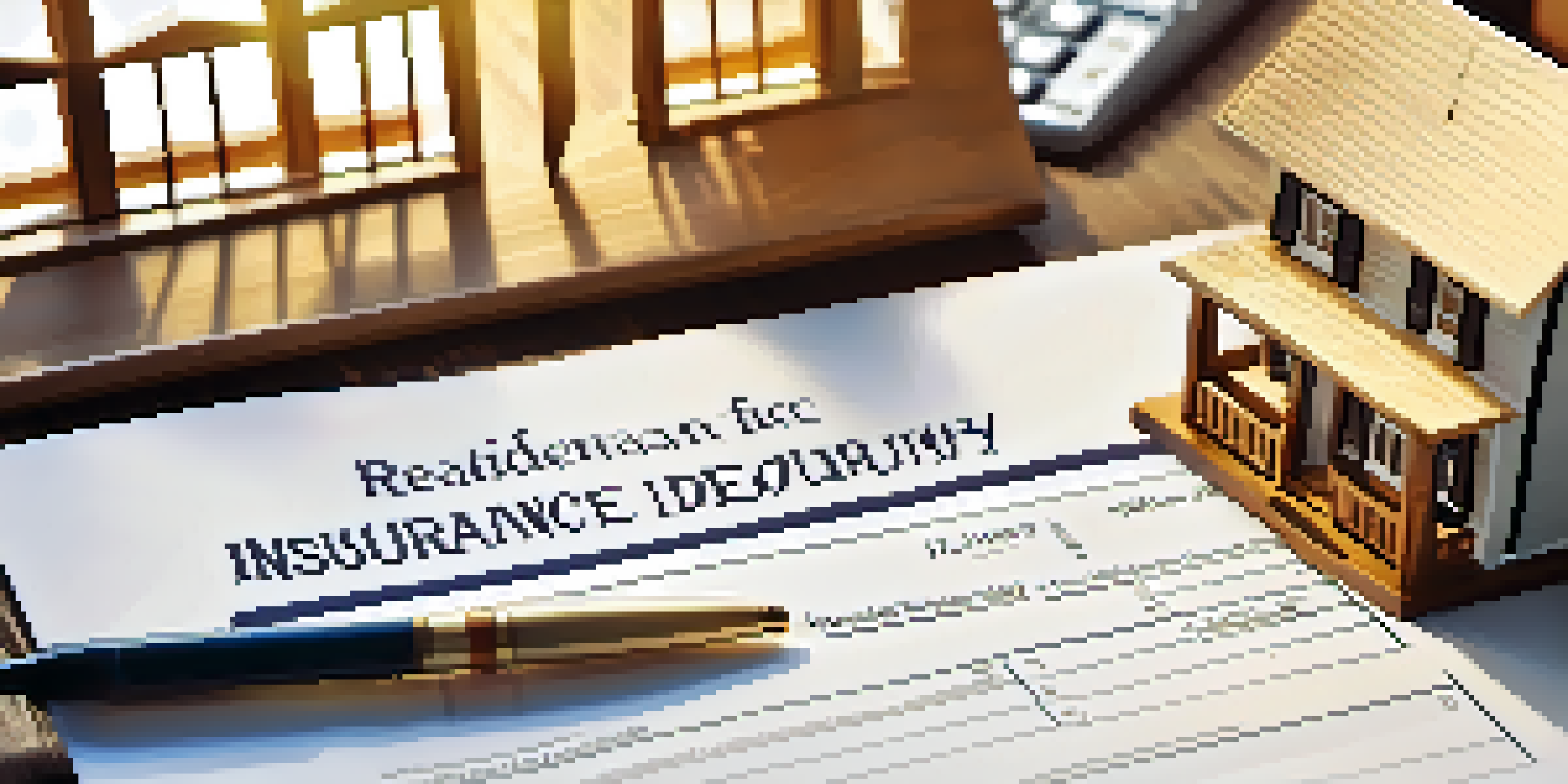 A close-up image of a residential property insurance document on a wooden desk, with a calculator, pen, and house figurine, illuminated by soft natural lighting.