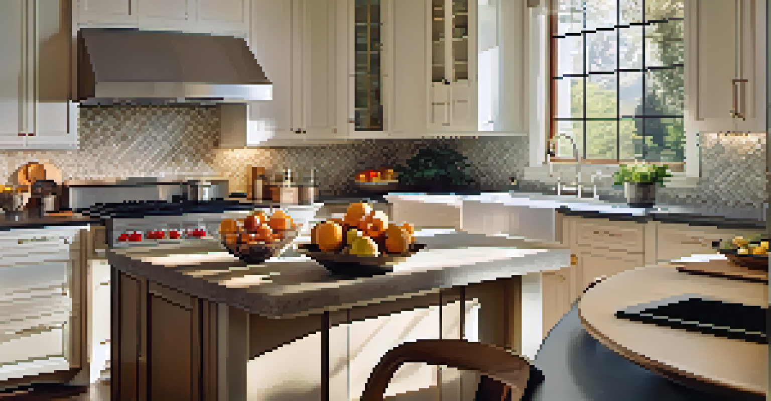 A modern kitchen featuring sleek appliances, wooden cabinetry, and a bowl of fresh fruits, bathed in natural light from a nearby window.