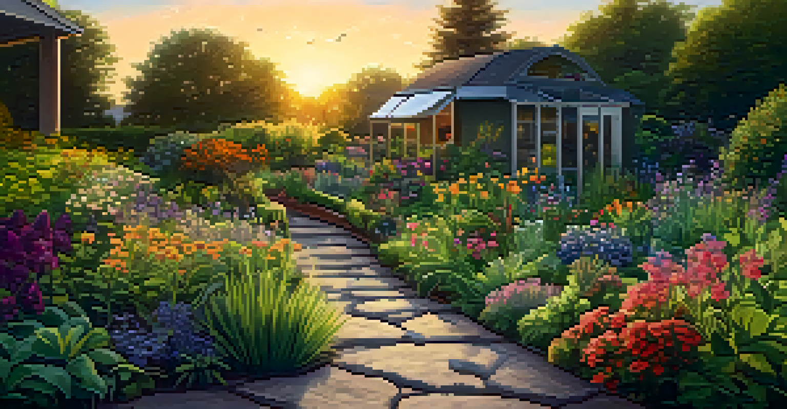 An outdoor garden with a gardener tending to native plants, surrounded by butterflies and flowers during sunset.
