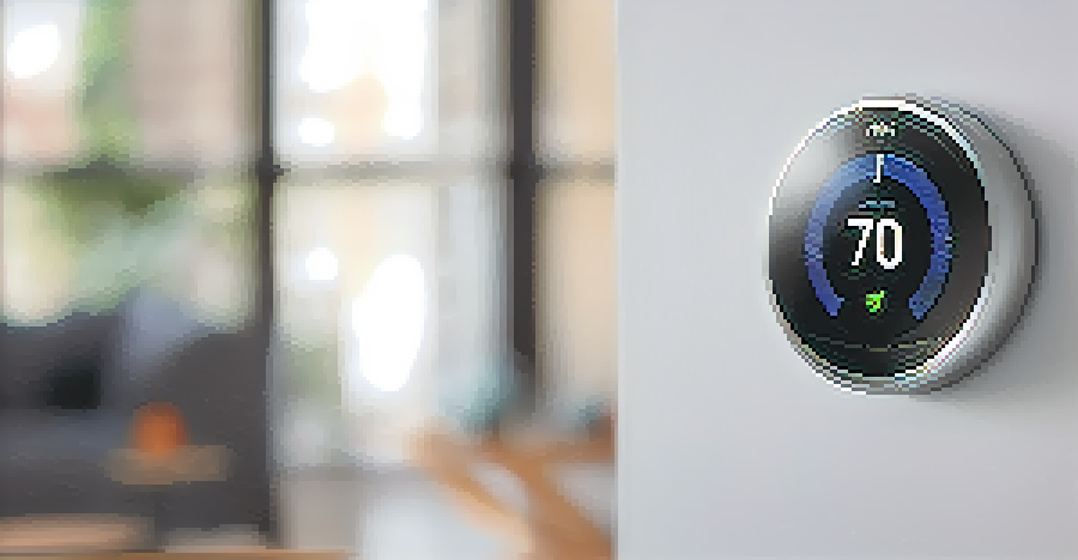 A close-up of a smart thermostat displaying temperature settings, set against a blurred backdrop of modern home decor.