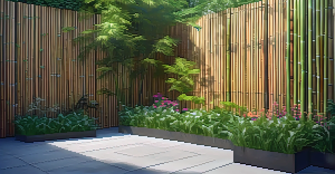 A peaceful garden with tall bamboo fencing and vibrant flowers, illuminated by soft sunlight.