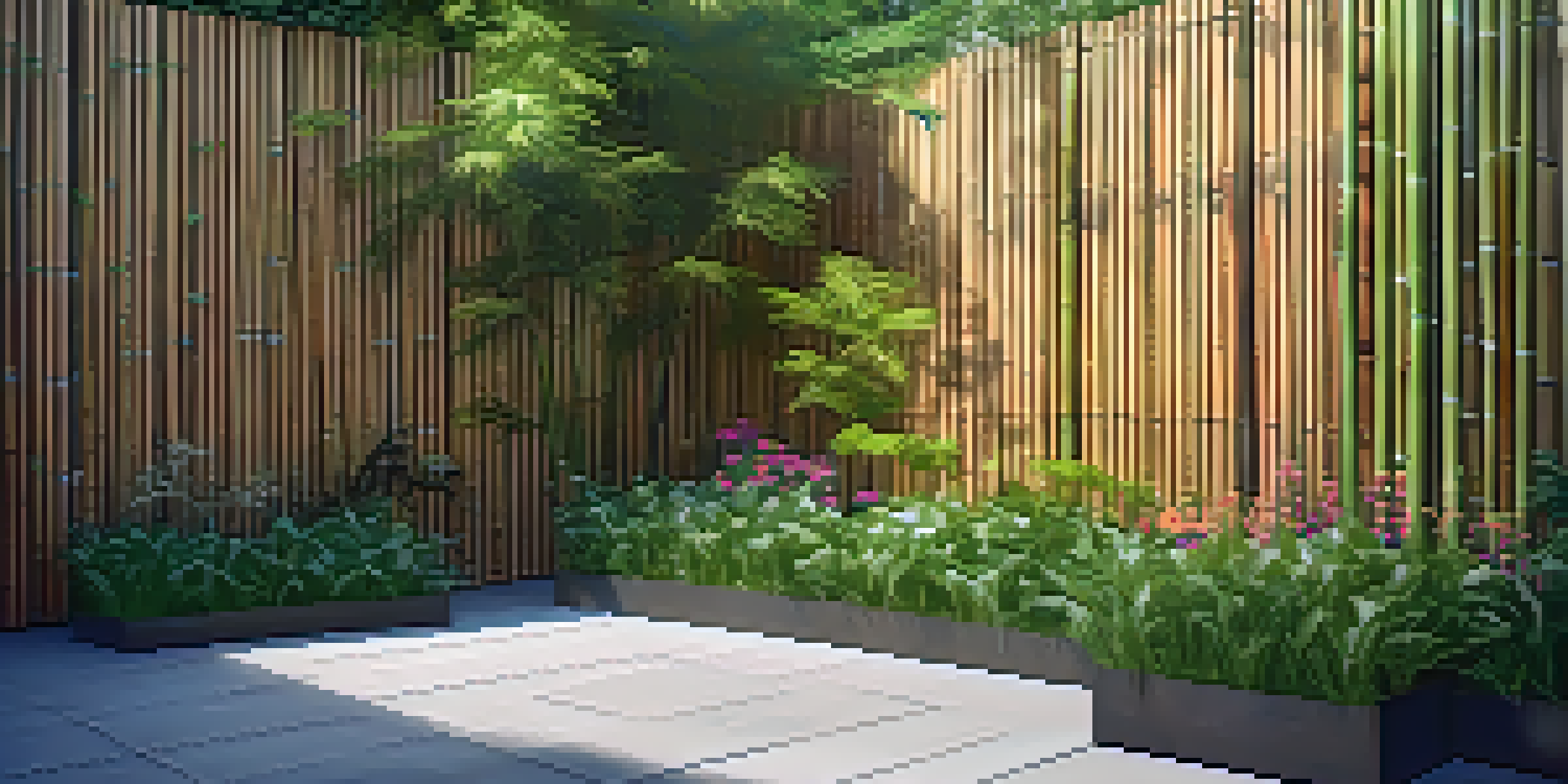 A peaceful garden with tall bamboo fencing and vibrant flowers, illuminated by soft sunlight.