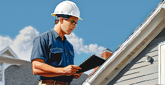 A home inspector checking a roof with a clipboard, set against a neighborhood backdrop.