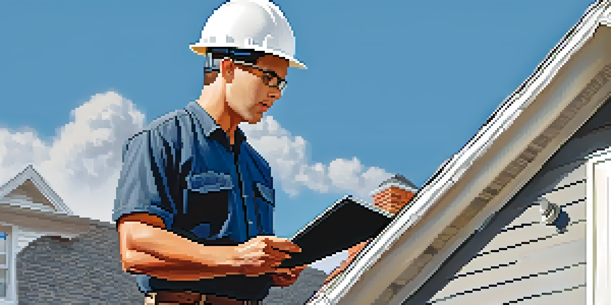 A home inspector checking a roof with a clipboard, set against a neighborhood backdrop.