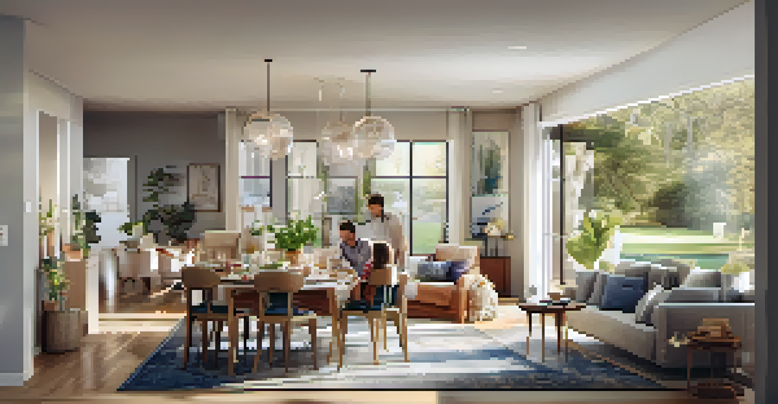 A family interacting in a spacious open living area that combines dining and kitchen spaces, filled with sunlight and warmth.