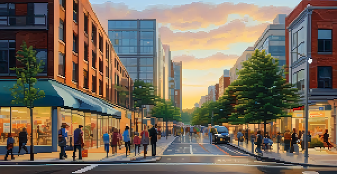 A vibrant urban street scene at sunset with diverse pedestrians, modern buildings, and colorful storefronts.