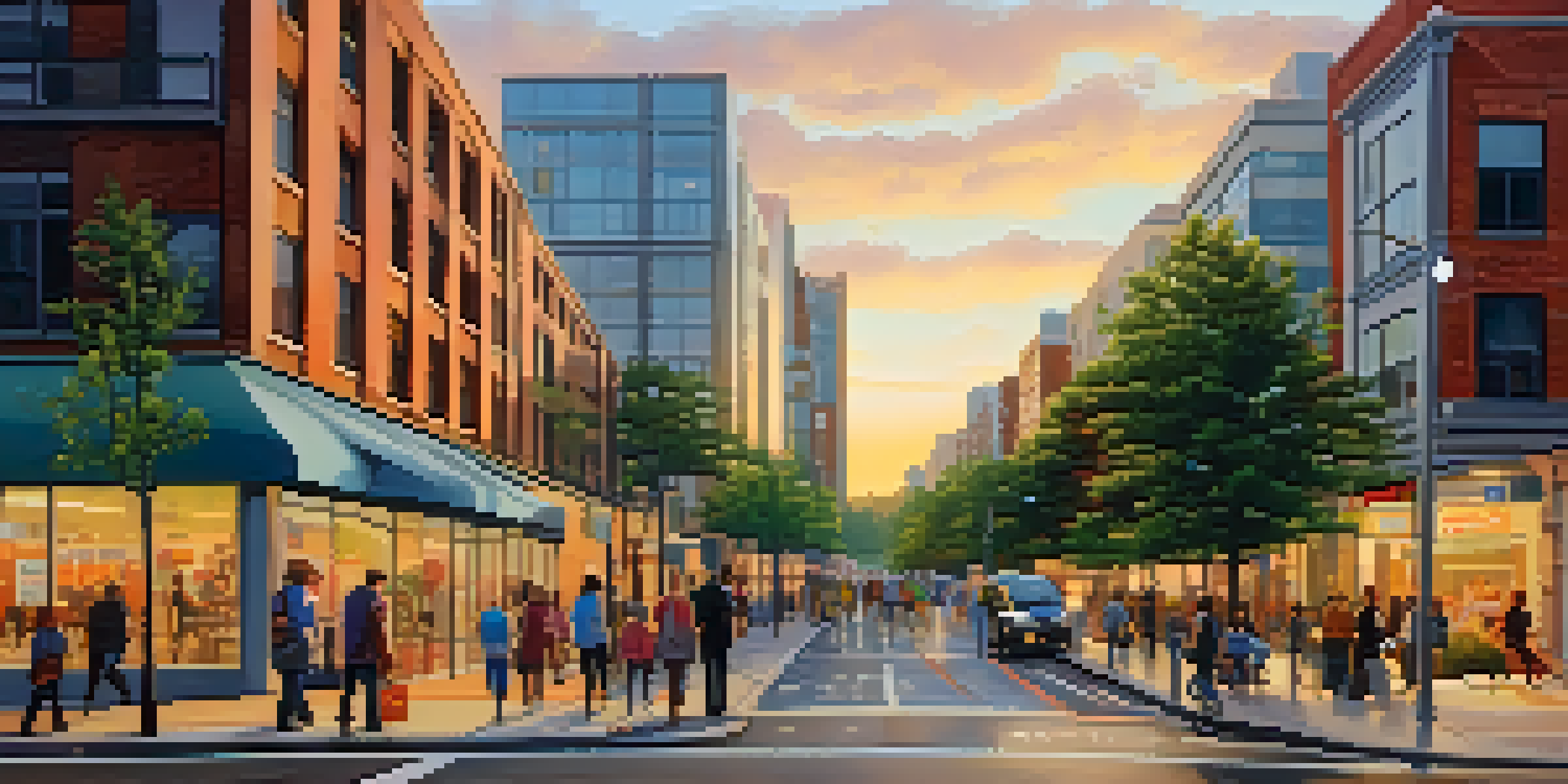 A vibrant urban street scene at sunset with diverse pedestrians, modern buildings, and colorful storefronts.