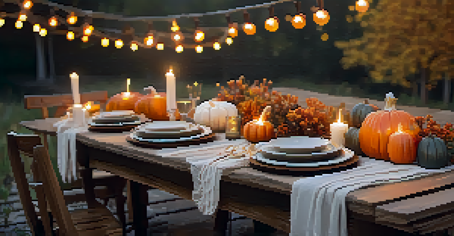 An autumn-themed outdoor table set with pumpkins, flowers, and warm lights, creating a festive atmosphere.