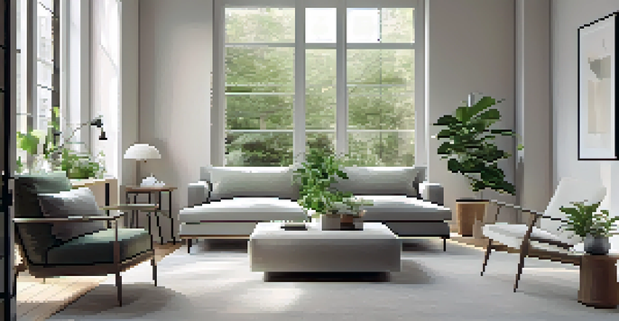 A minimalist urban living room with large windows letting in natural light, featuring simple furniture and potted plants for a calm atmosphere.