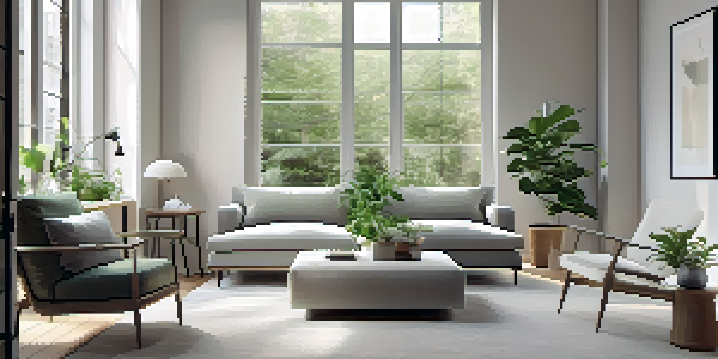 A minimalist urban living room with large windows letting in natural light, featuring simple furniture and potted plants for a calm atmosphere.
