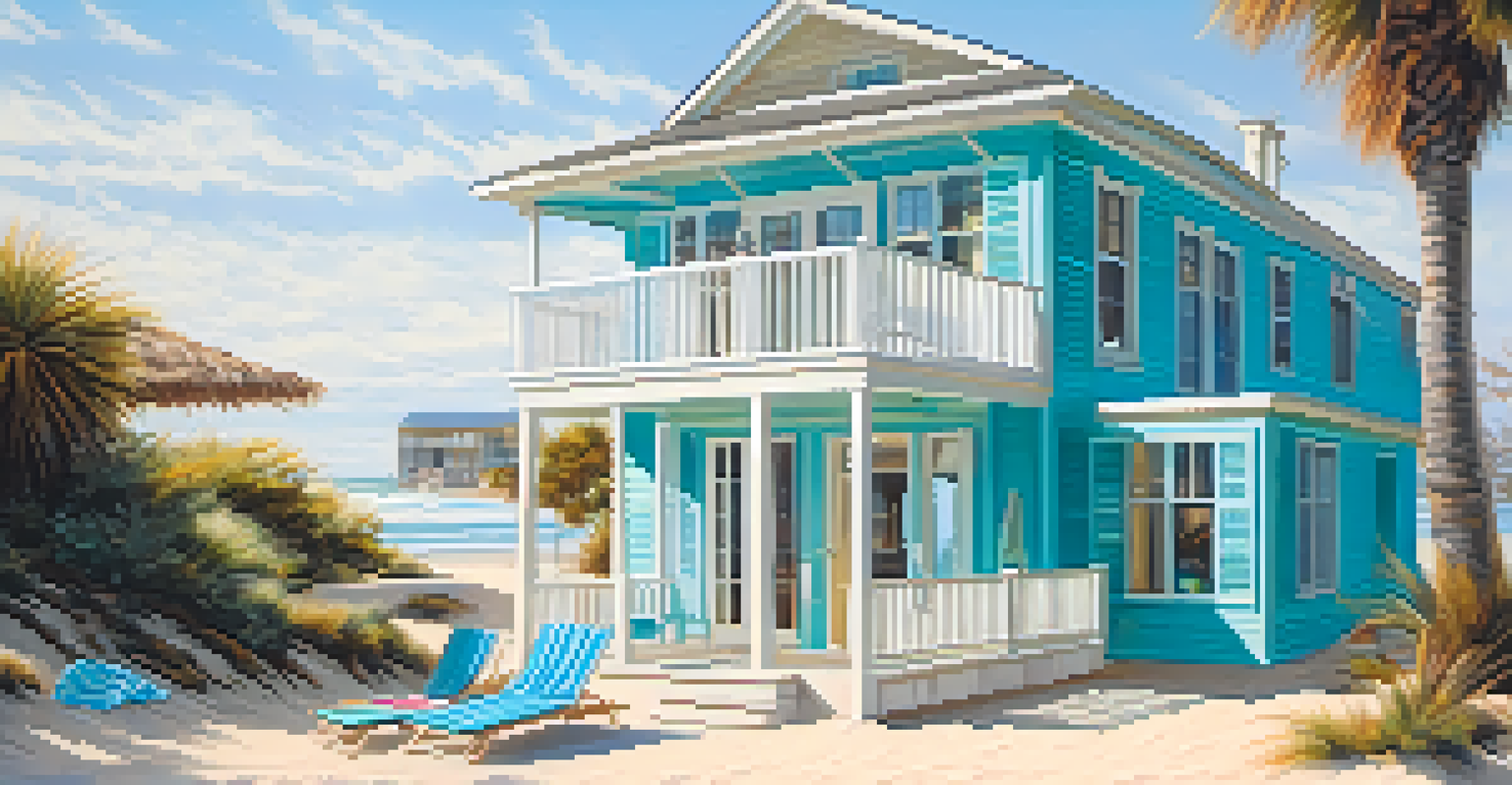 A charming beach house with turquoise shutters and lounge chairs on a sunny beach.