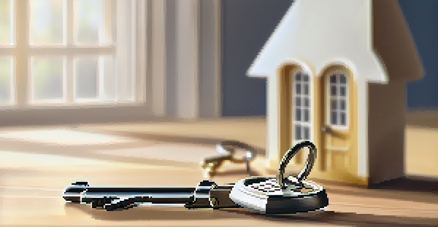 A close-up of a house key and keychain on a wooden table with a mortgage document in the background.